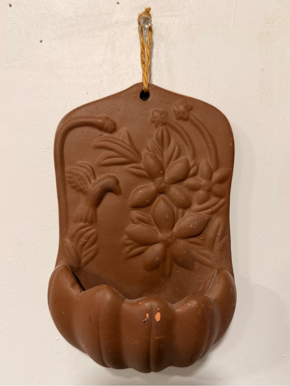 Wall Pocket Planter with Floral & Hummingbird Relief - Brown